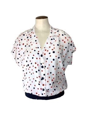 Vintage 80s White Blouse Sz 12 Button up Colorful Polka Dots Short Sleeve Retro